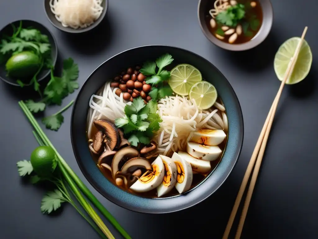 Un cuenco vibrante de pho vegano vietnamita, listo para saborear