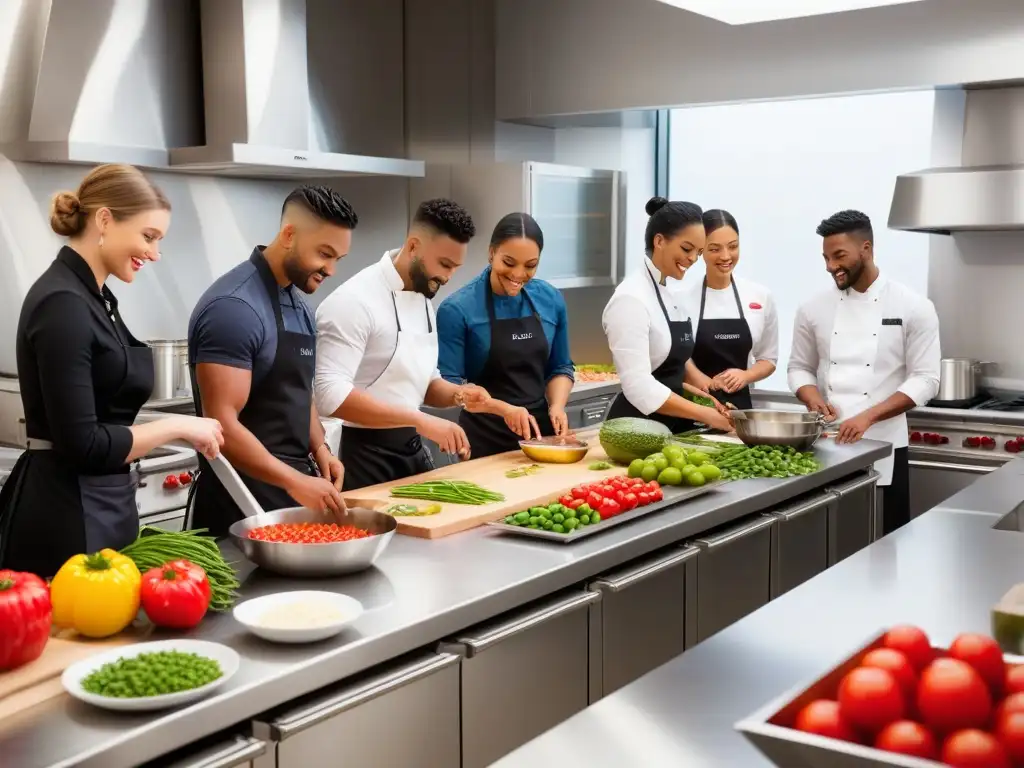 Curso de cocina vegana: aula moderna y vibrante, estudiantes diversos colaborando en taller práctico