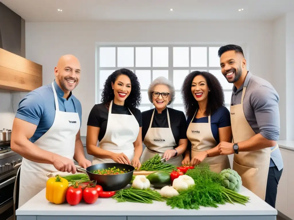 Un curso online de cocina vegana con expertos en un ambiente moderno y vibrante, donde participantes de diferentes edades disfrutan cocinando juntos