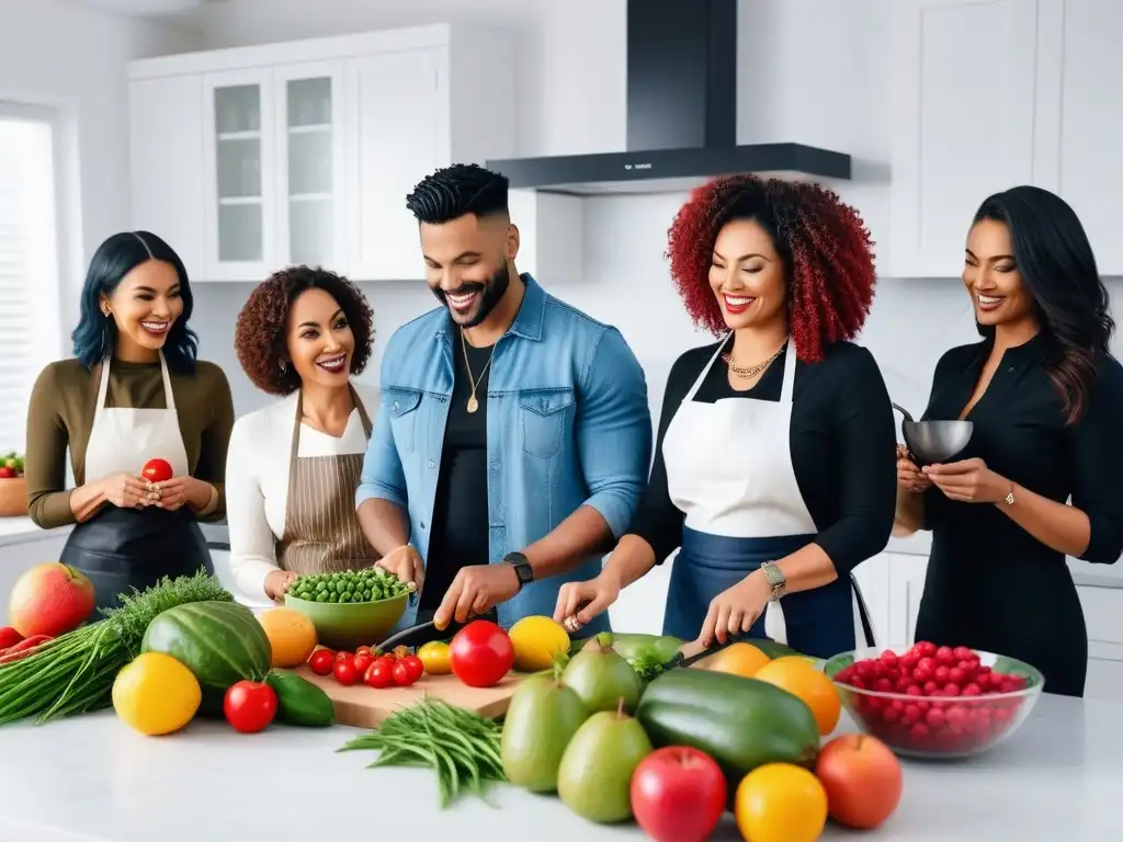 Cursos online cocina vegana económica: Grupo diverso cocinando feliz en cocina luminosa y colorida