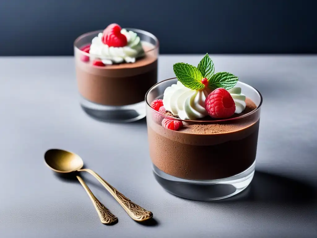 Decadente mousse de chocolate vegano con crema batida de coco, frambuesas y hojas de menta