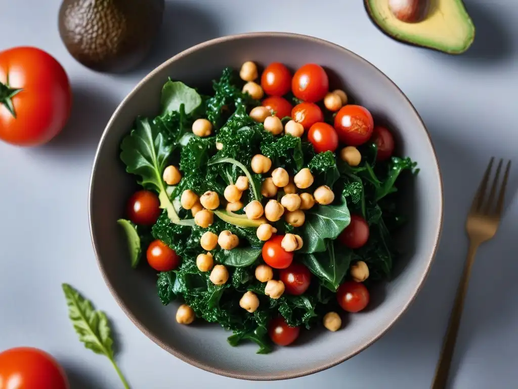 Un deleite vegano: una ensalada de kale fresca y colorida con tomates cherry, aguacate, garbanzos y aderezo balsámico