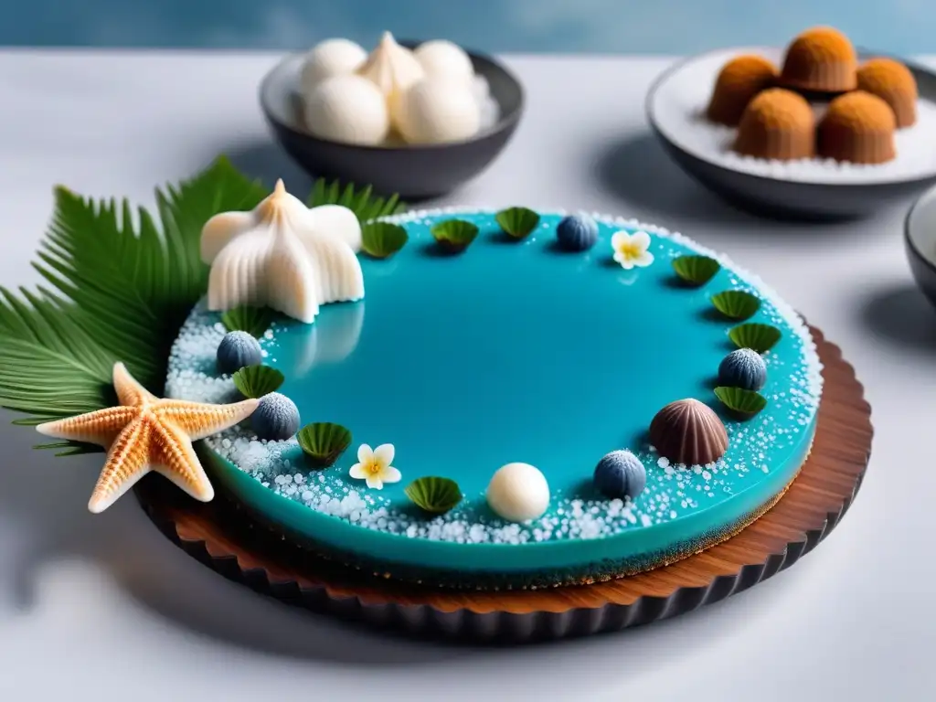 Un deleite vegano con toque oceánico: postres veganos con toque oceánico en elegante presentación blanca