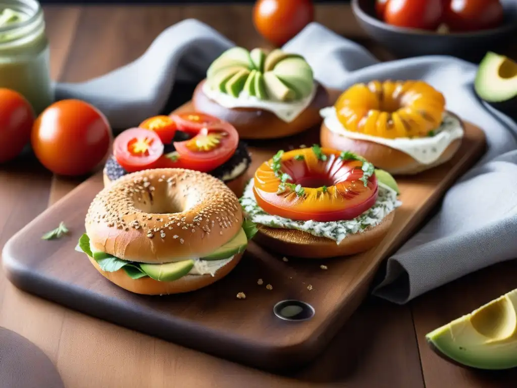Un deleite visual de bagels veganos sin gluten recién horneados en una tabla de corte de madera