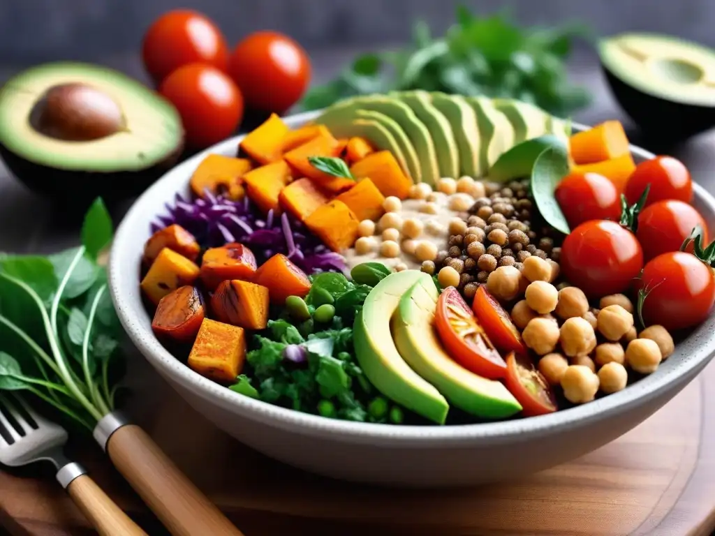 Un deleite visual de un bowl vegano lleno de coloridos ingredientes frescos sobre una mesa de madera minimalista con un toque de naturaleza exuberante