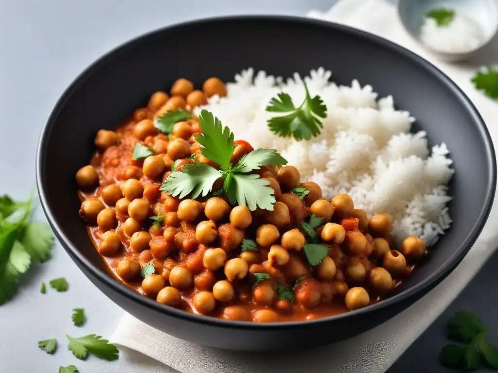 Un deleite visual: un bowl de Chana Masala vegano con arroz basmati, cilantro fresco, crema de coco y chiles verdes, en una mesa de madera elegante