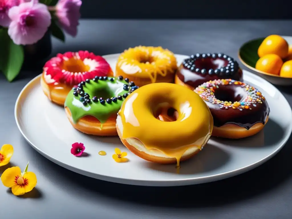 Un deleite visual de donas veganas con glaseados coloridos y decoraciones creativas