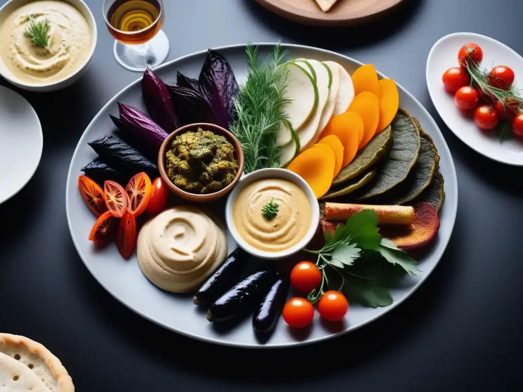 Un deleite visual de un exquisito plato vegano Balcanes fusiones con una variedad de colores y sabores en una presentación artística