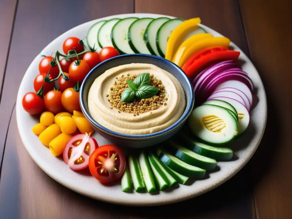 Un deleite visual: hummus vegano mediterráneo con verduras frescas