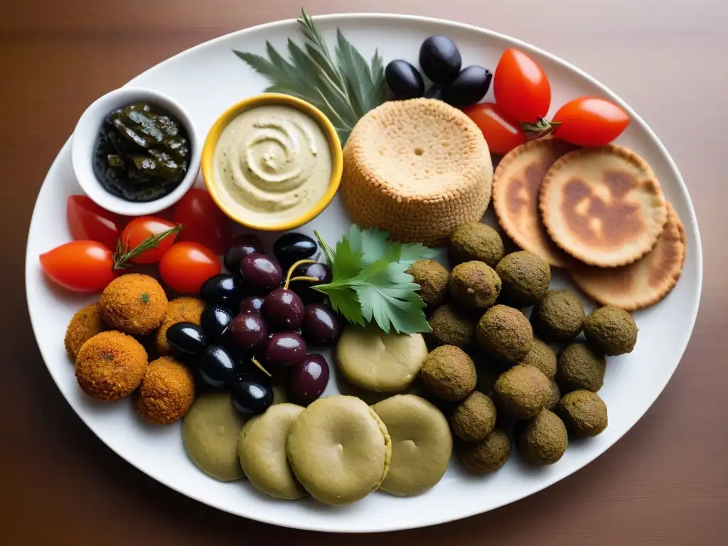 Un deleite visual de mezze vegano con hummus, falafel, verduras asadas y pan pita fresco