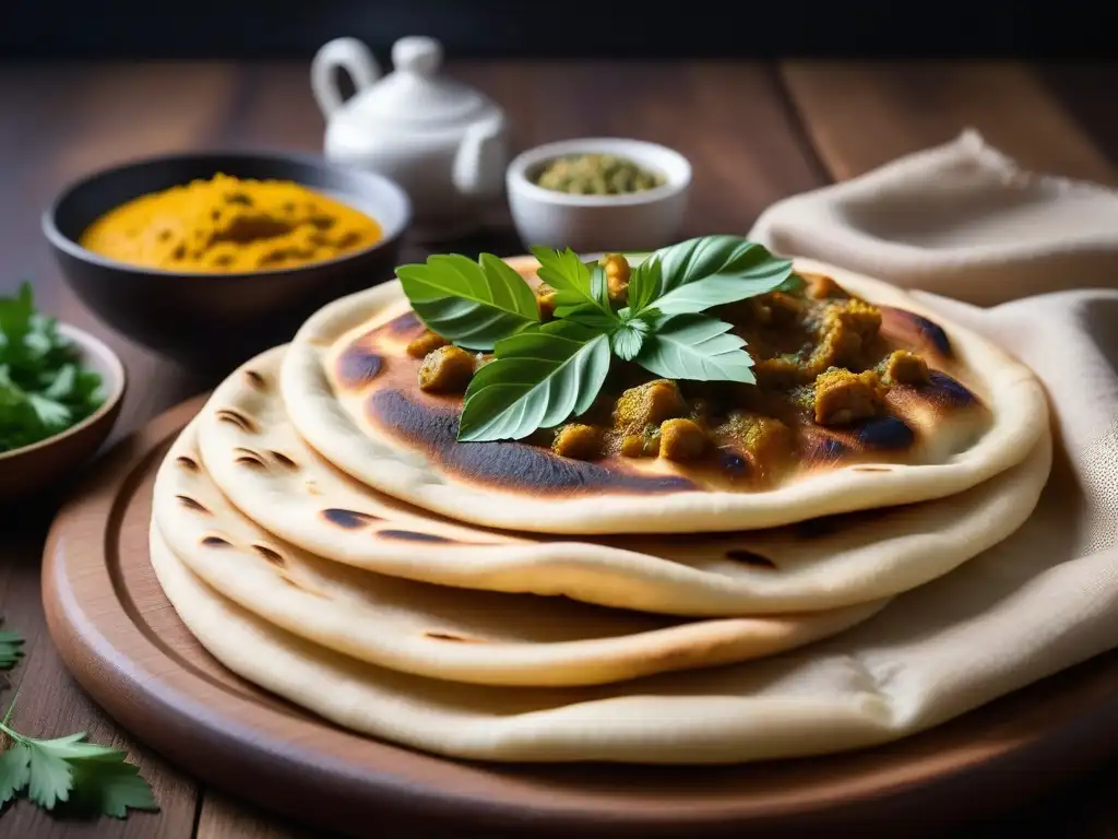 Un deleite visual de un naan vegano recién horneado, dorado y esponjoso, rodeado de curry y chutneys coloridos