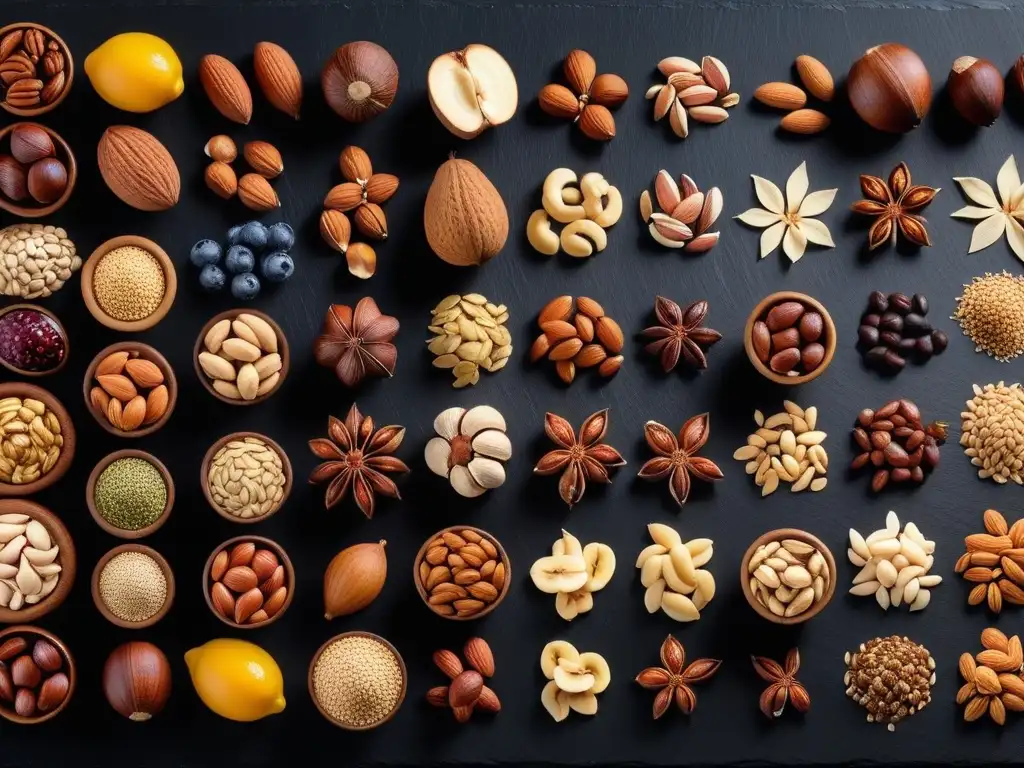 Un deleite visual de nueces y semillas en una presentación artística y vibrante