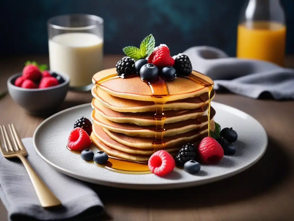 Un deleite visual de pancakes veganos recetas deliciosas: esponjosos y dorados, con bayas frescas y sirope de arce