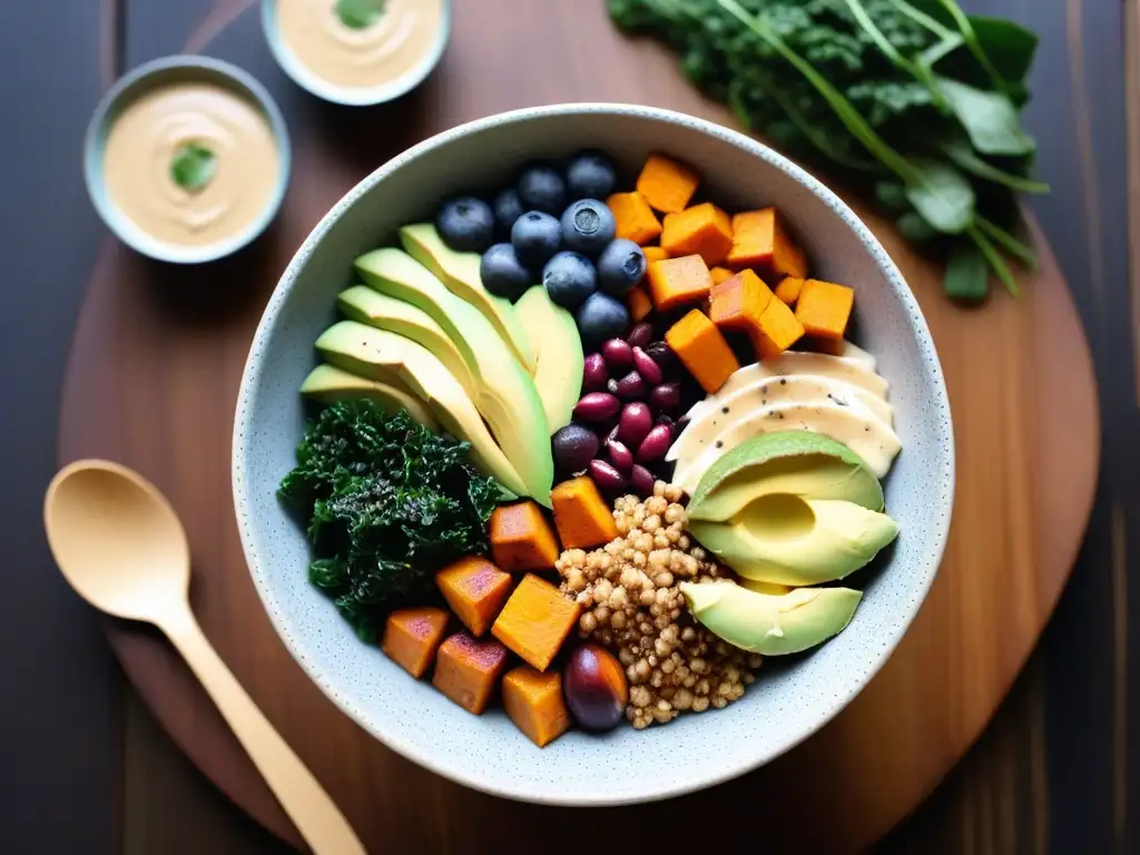 Un deleite visual de superfoods veganos en recetas tradicionales: un bowl vibrante con ingredientes frescos y coloridos