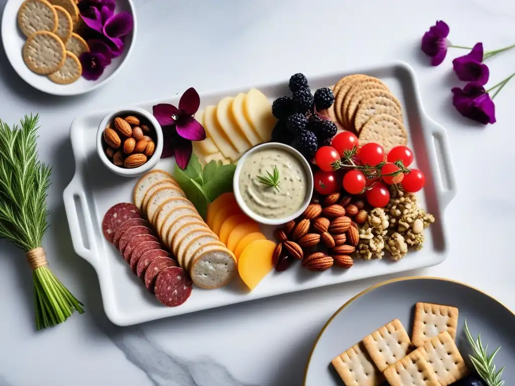 Un deleite visual: tabla vegana variada con productos coloridos y frescos, sobre plato de mármol