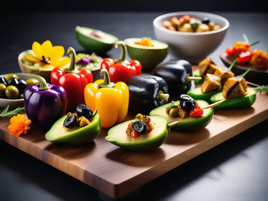 Un deleite visual: tapas veganas para sorprender, un festín de colores en un elegante tablero moderno