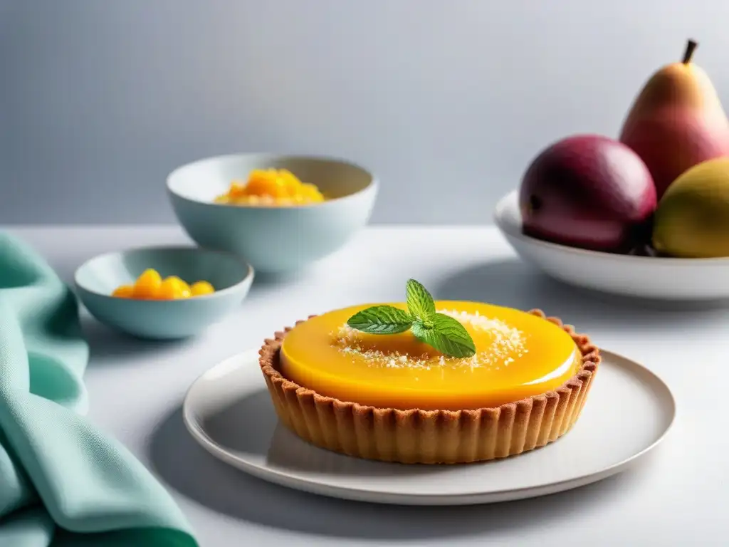 Un deleite visual: una tarta vegana de mango y maracuyá con sabores exóticos y presentación elegante