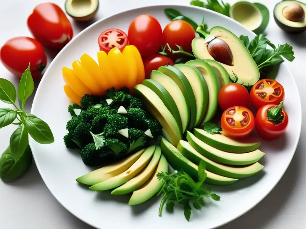 Un deleite visual de verduras frescas y coloridas en un plato blanco, ideal para bowls veganos recetas nutrición