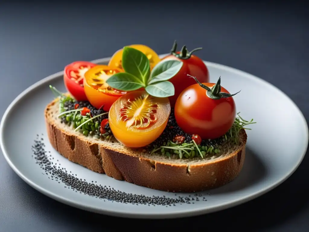 Delicada rosa de aguacate sobre tostada de multigrano, acompañada de tomates cherry y microgreens en tostadas veganas creativas