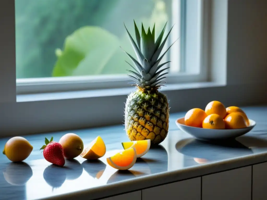 Delicada armonía de frutas frescas en encimera de mármol blanco con edulcorantes naturales veganos saludables