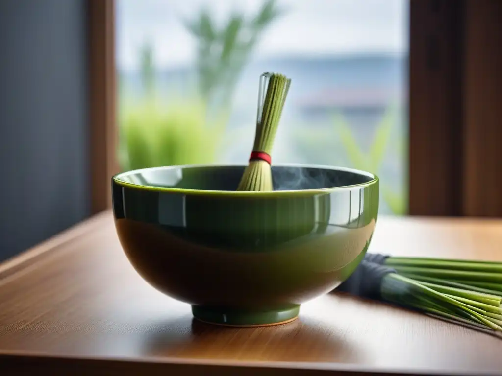 Delicada batidora de bambú sobre cuenco de matcha verde, iluminado por luz natural