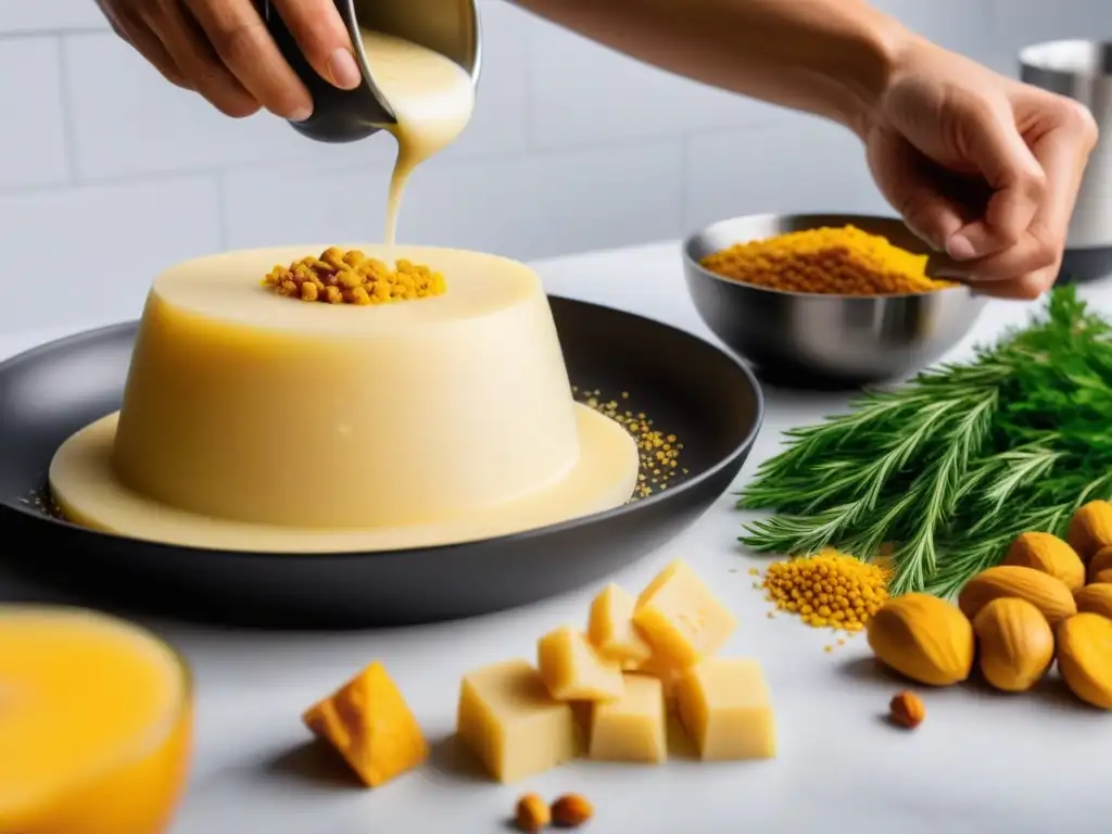 Delicada elaboración casera de queso manchego vegano con turmérico en moderna cocina