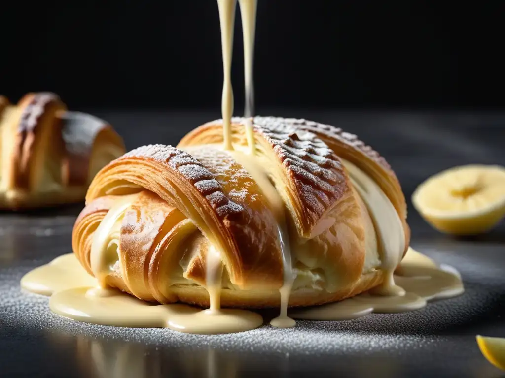 Delicada crema pastelera vegana casera sobre croissant recién horneado