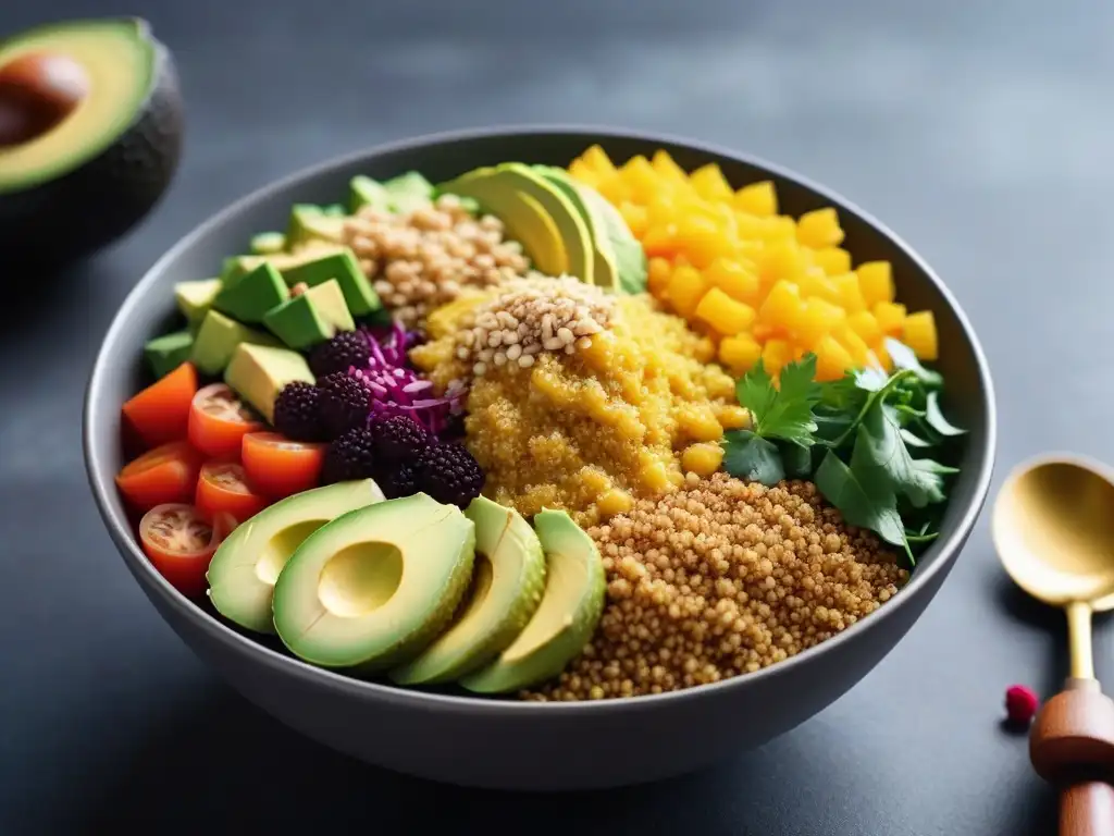 Delicada cuchara esparciendo levadura nutricional sobre un bowl vegano colorido