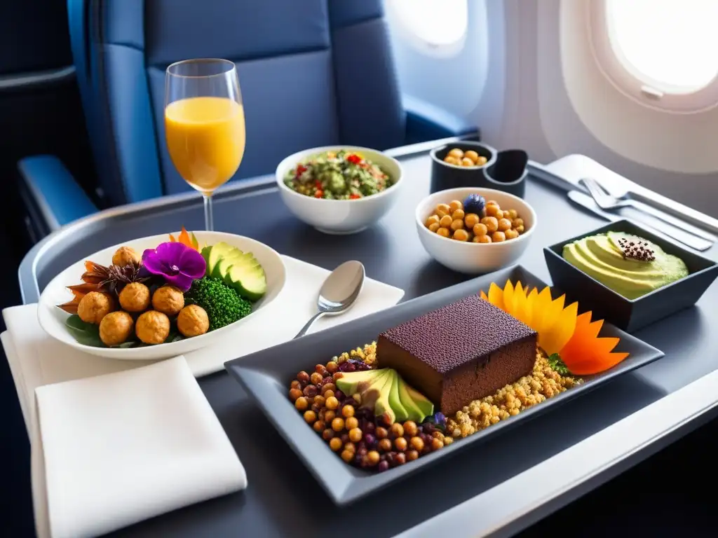 Delicada presentación de un exquisito banquete vegano en un elegante tablero de aerolínea