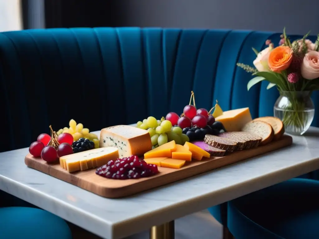 Exquisita tabla de quesos veganos en elegante restaurante parisino Delicada gastronomía vegana en París: un elegante restaurante con tabla de quesos, pan recién horneado y frutas coloridas