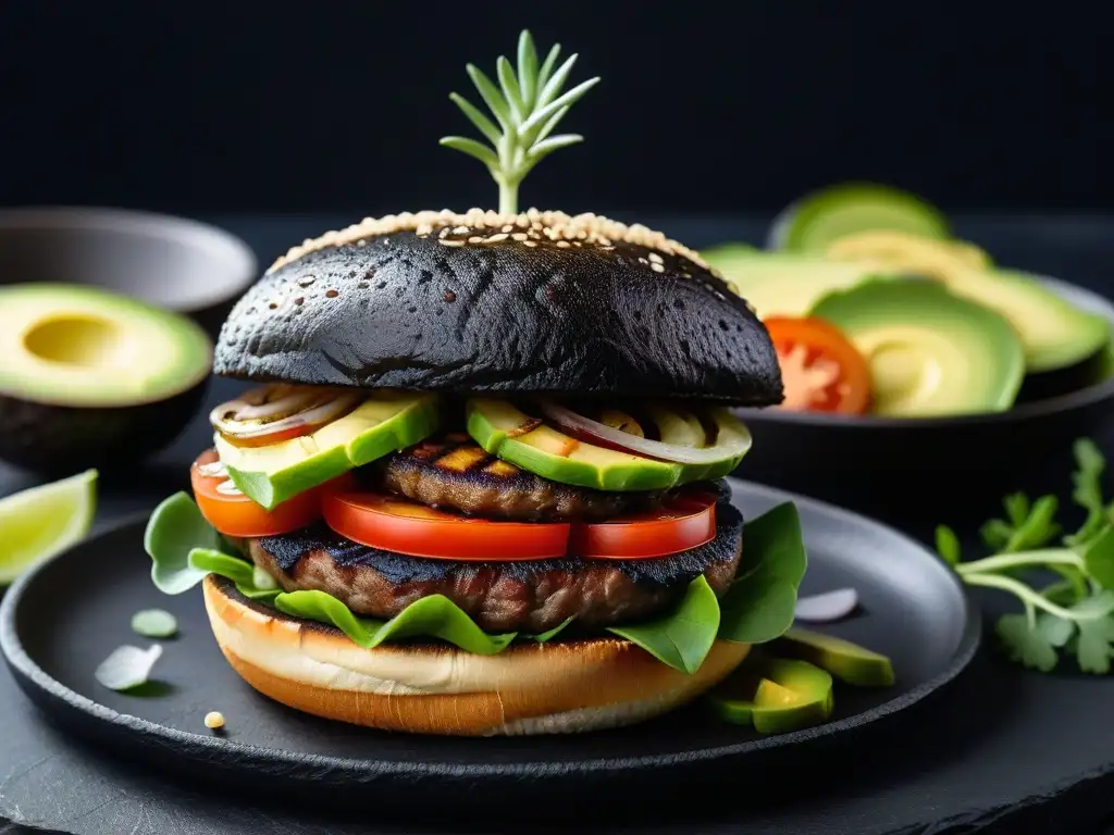 Delicada hamburguesa vegana gourmet en elegante plato de pizarra, con portobello, cebolla caramelizada, aguacate y trufa