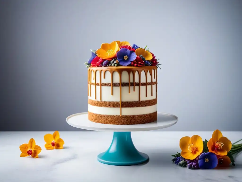 Delicada pastelería vegana sin gluten: exquisita tarta decorada con detalles coloridos y flores comestibles sobre base moderna