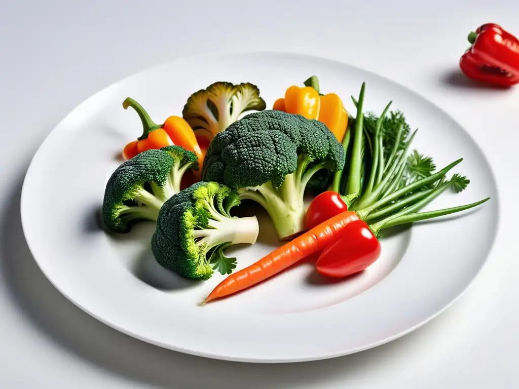 Delicada presentación de platos veganos al vapor con vegetales vibrantes y frescos en un plato blanco minimalista