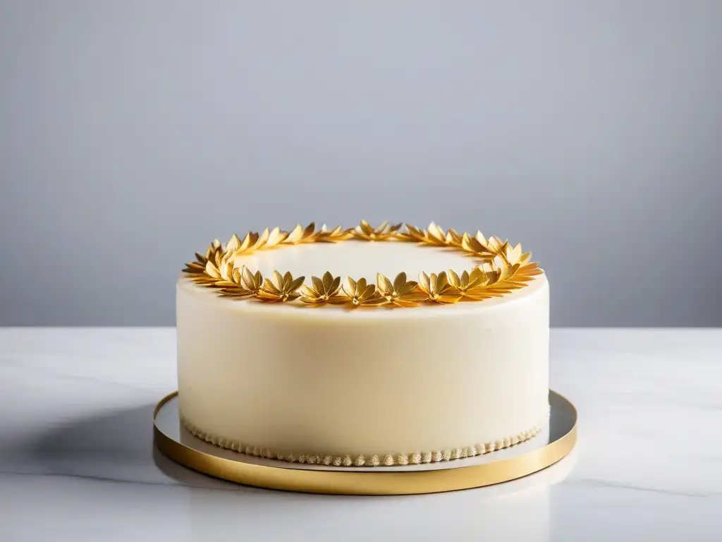 Delicada repostería vegana Europa del Este: exquisita torta decorada con flores y detalles en pan de oro sobre soporte mármol