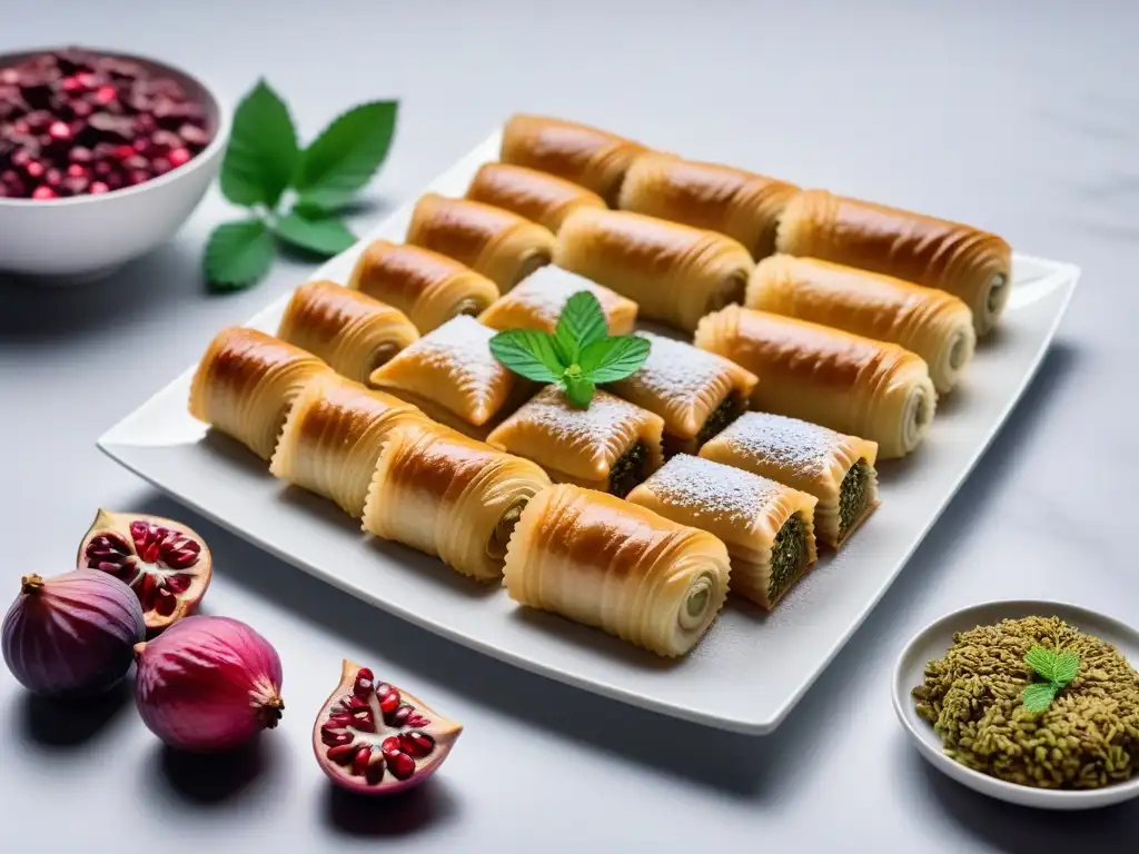 Delicada repostería vegana en Medio Oriente: exquisitos baklavas, mamoul y knafeh adornados con higos, granada y menta en plato blanco minimalista