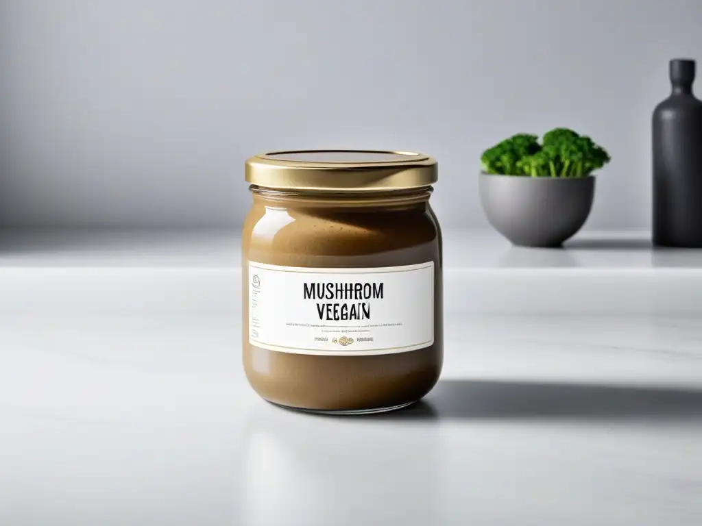 Delicada presentación de Salsa de Champiñones Vegana en tarro de cristal sobre elegante encimera de mármol