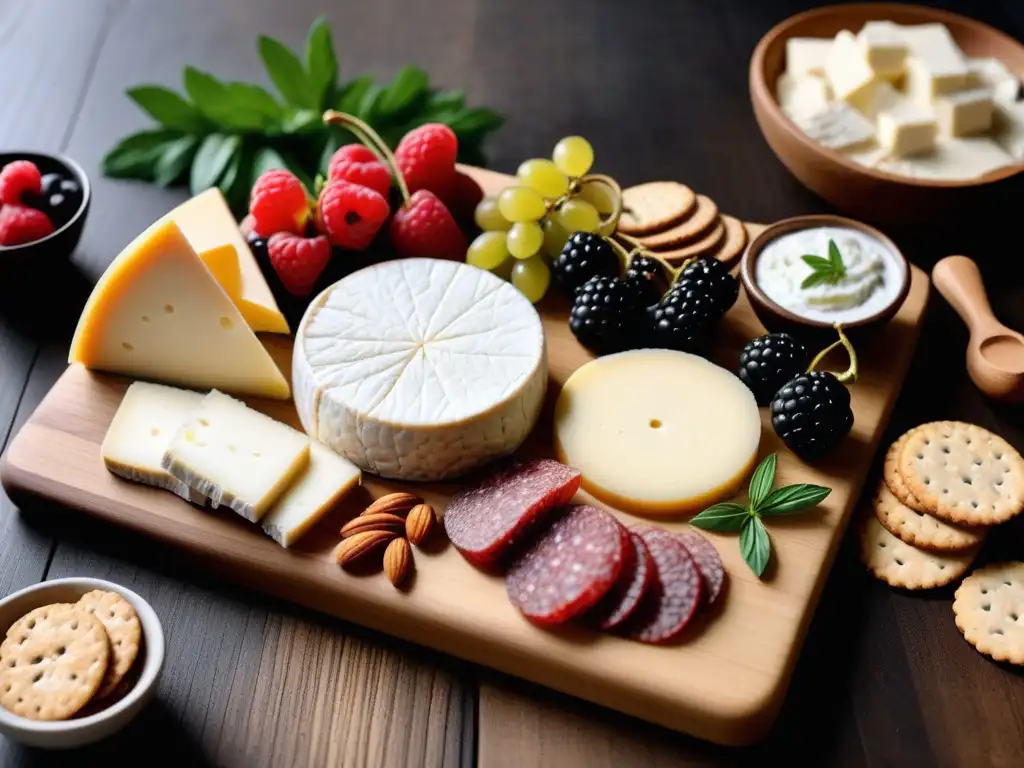 Delicada tabla de quesos veganos fermentados sin lácteos, con variedad de texturas y colores, adornada con hierbas frescas y frutos rojos