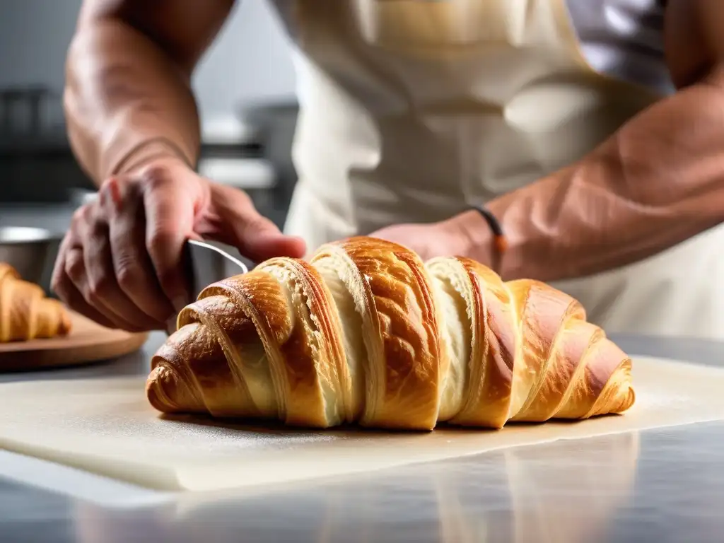 Delicada técnica de laminación en croissants veganos, manos expertas crean capas perfectas en la masa