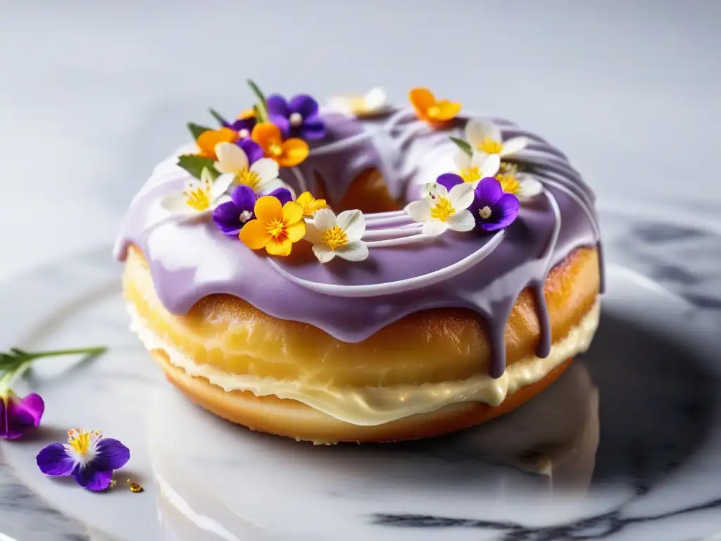 Delicada dona vegana sin gluten con decoración exquisita y flores comestibles sobre mármol