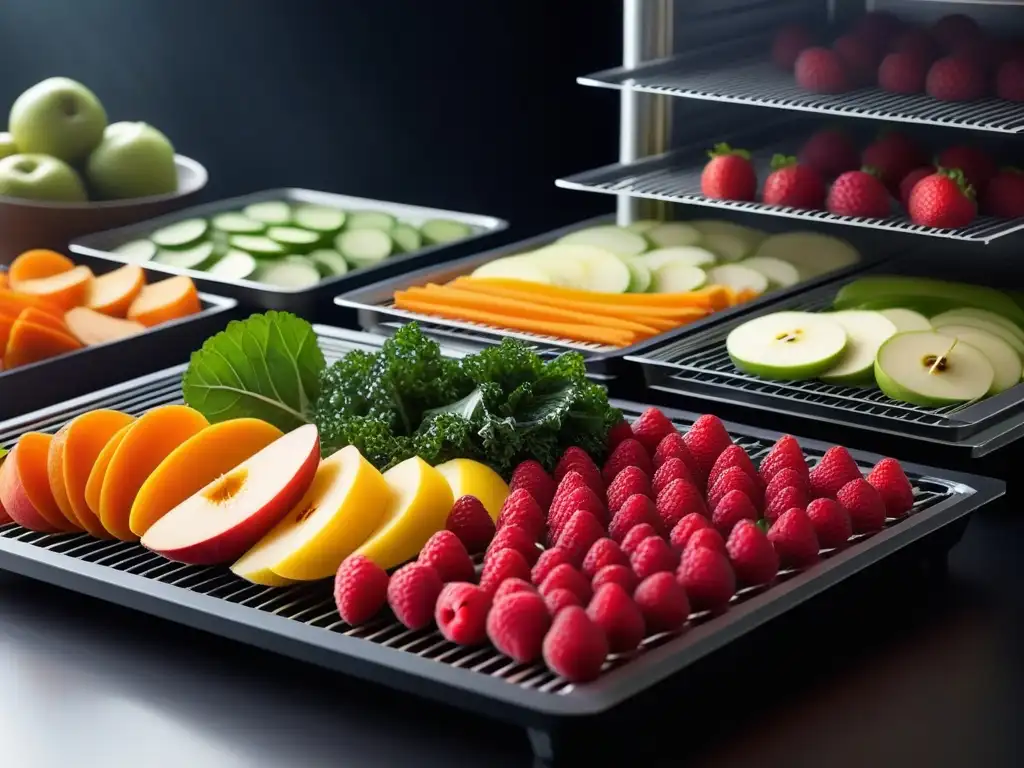 Delicadas frutas y verduras deshidratadas en una máquina, capturando el proceso de deshidratación con texturas y colores vibrantes