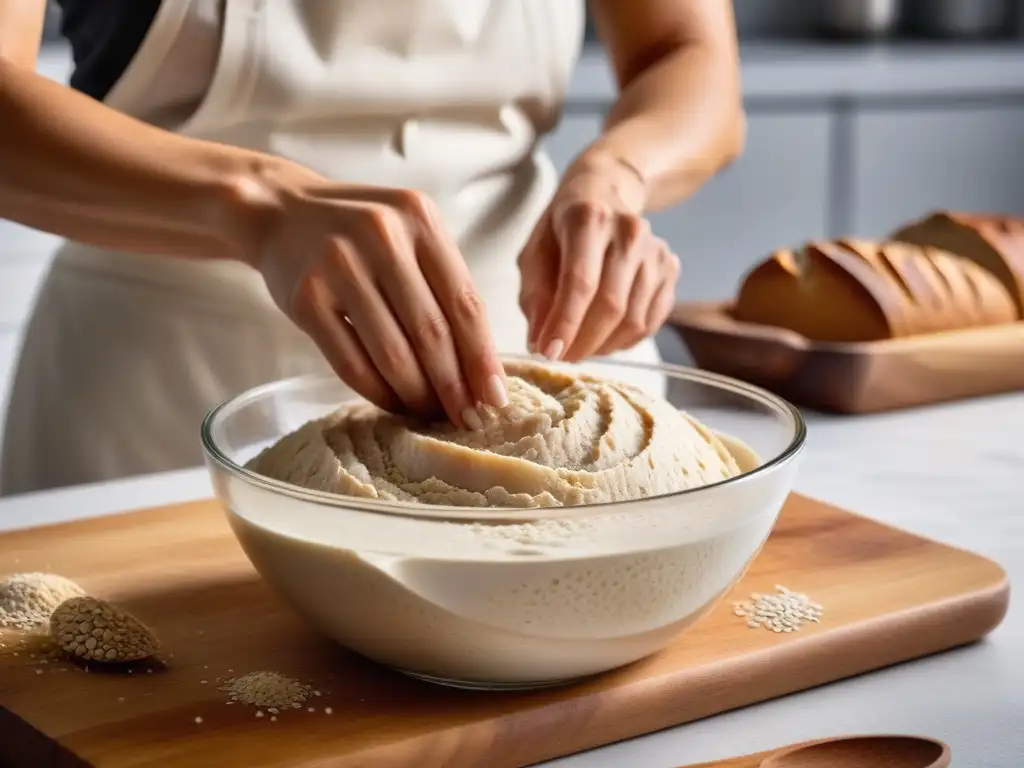 Delicadas manos femeninas mezclando masa madre vegana sin gluten en recipiente de vidrio, creando una base perfecta para un delicioso pan