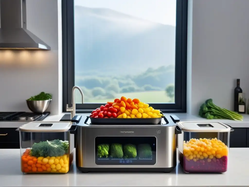 Delicadas verduras arcoíris cocinándose a baja temperatura en máquina sous vide en cocina minimalista