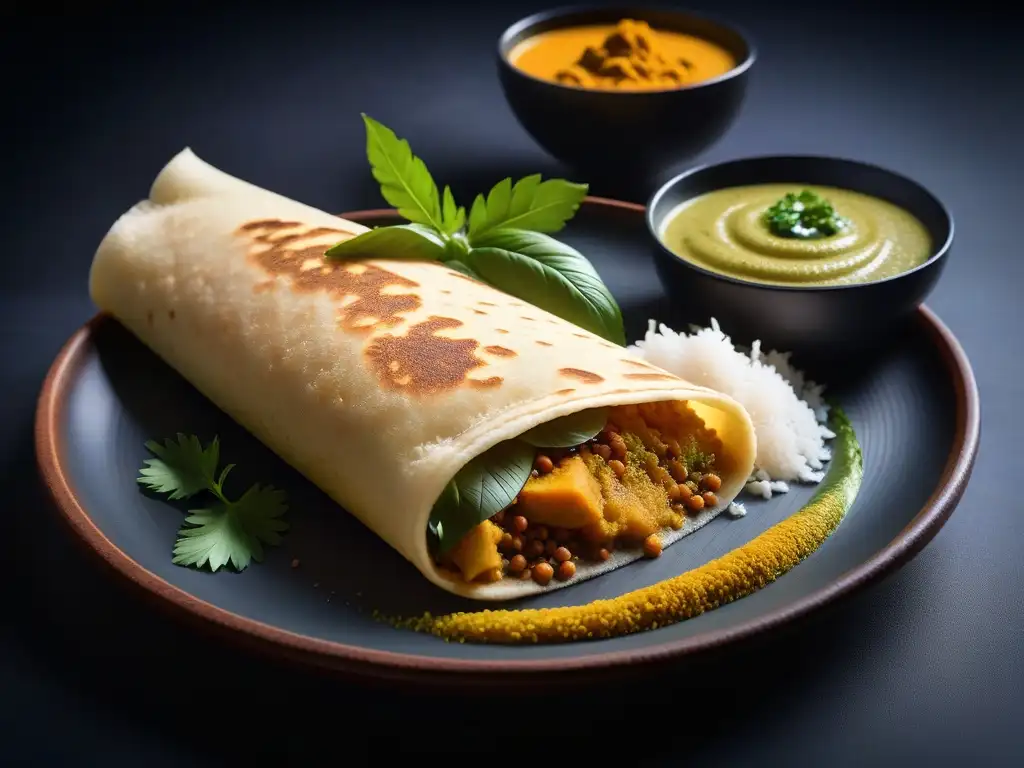 Delicado y aromático Masala Dosa vegano, con textura crujiente y relleno vibrante