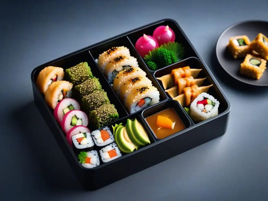 Delicado bento vegano japonés, presentación elegante resaltando colores y sabores