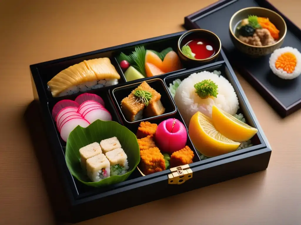 Delicado bento vegano japonés con tempura, sushi de tofu y frutas