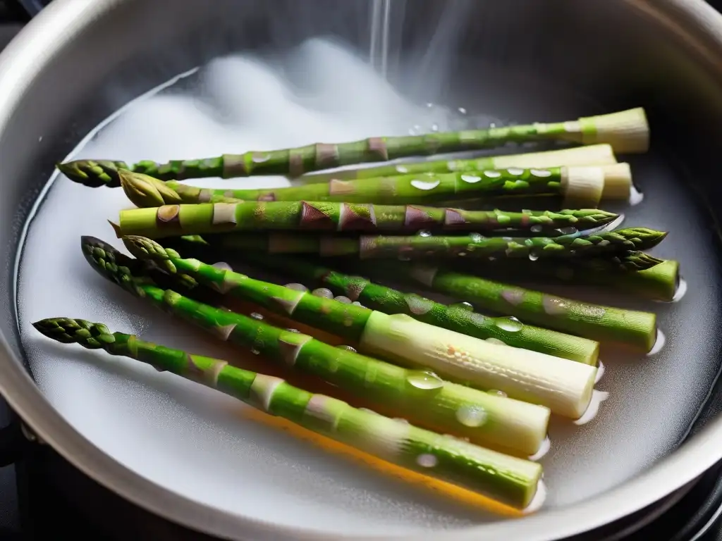 Delicado blanqueado de espárragos verdes brillantes en agua hirviendo, técnicas blanqueado verduras veganas perfectas