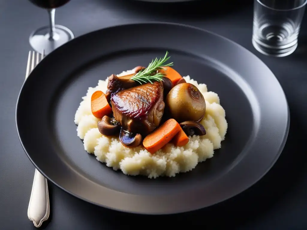 Delicado coq au vin vegano sobre puré de papas, en un plato negro