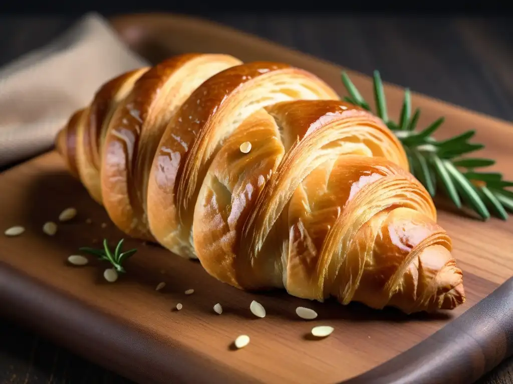 Delicado croissant vegano sin gluten recién horneado con textura aireada, glistando bajo luz natural