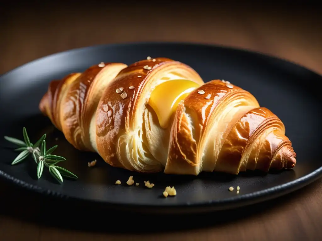 Delicado croissant vegano recién horneado en plato negro, con mantequilla vegana derretida y romero fresco