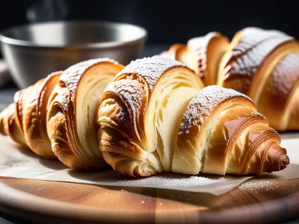 Delicado croissant vegano sin gluten recién horneado, con un dorado y escamoso exterior que brilla bajo una suave luz natural